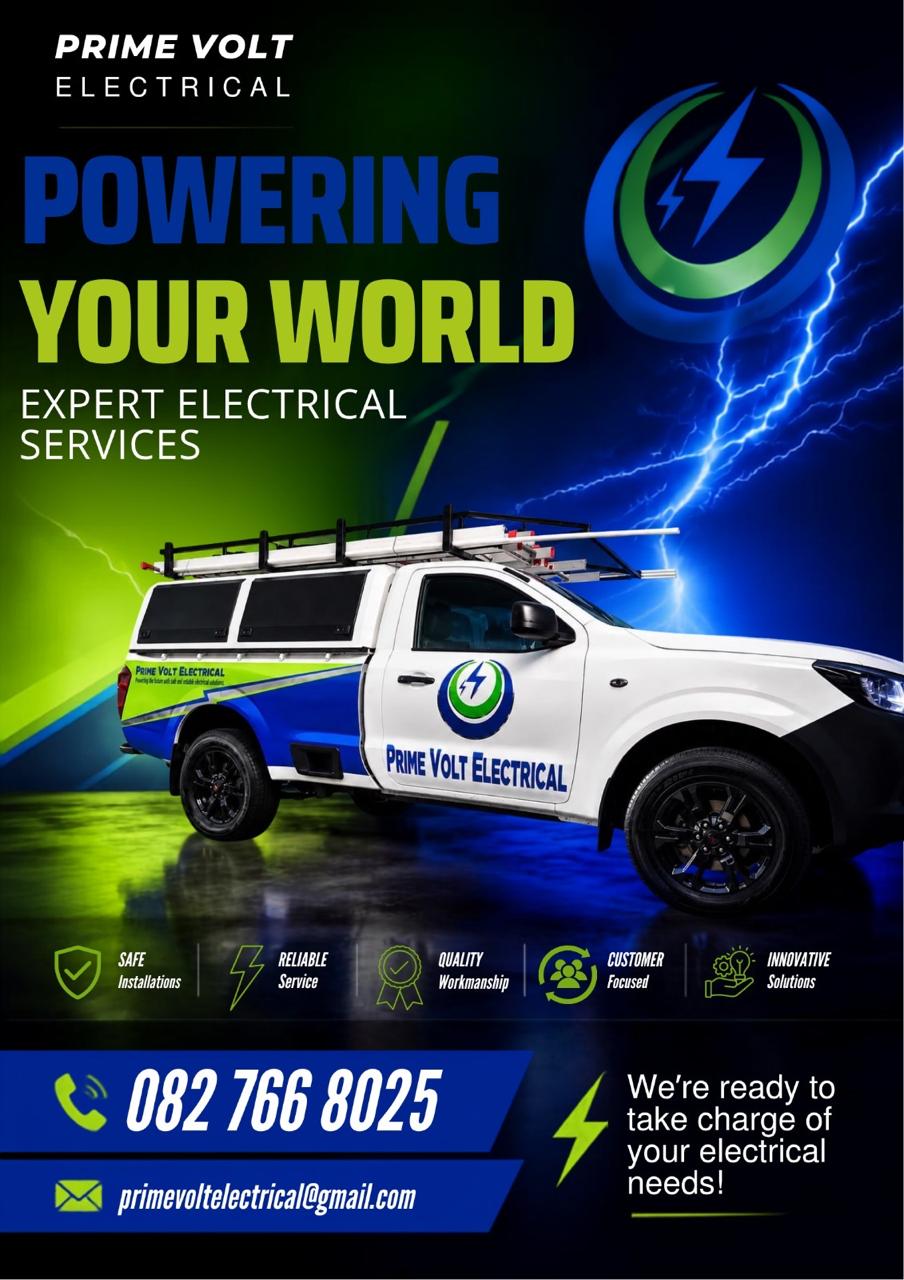 Prime Volt Electrical branded service vehicle and promotional poster