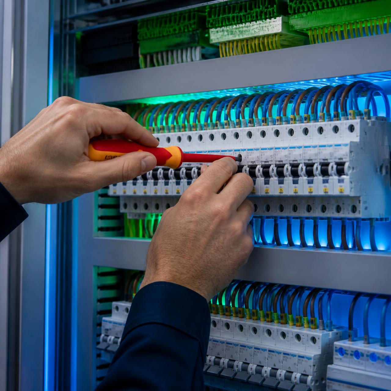 Electrician working on a neatly wired electrical installation