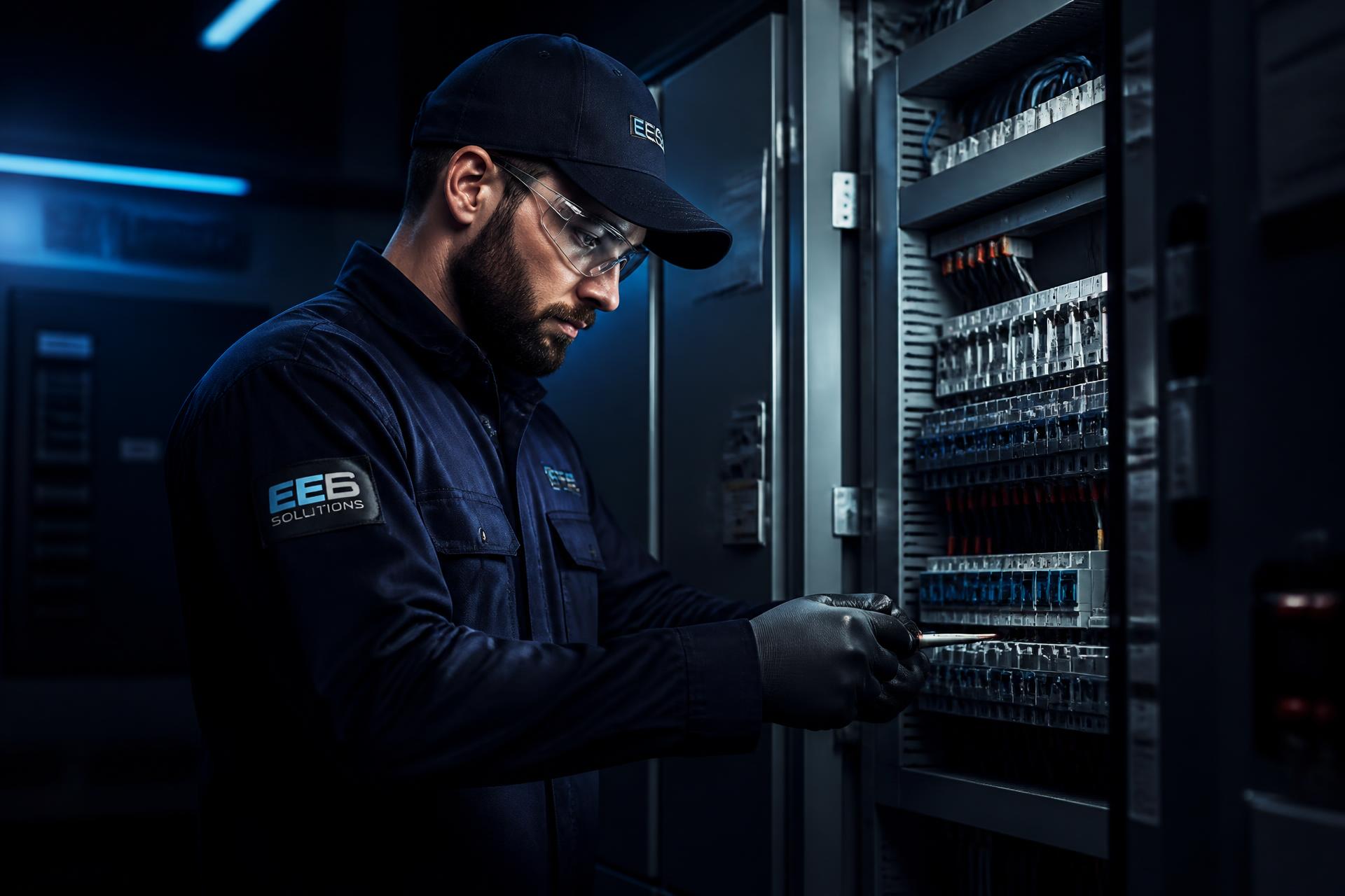 Electrician working on a commercial electrical distribution panel